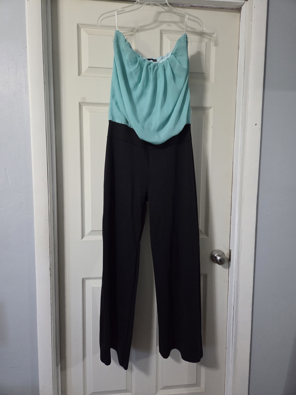 Body Central Colorblock Strapless Jumpsuit Teal Mint Green Black Wide Leg Size 2